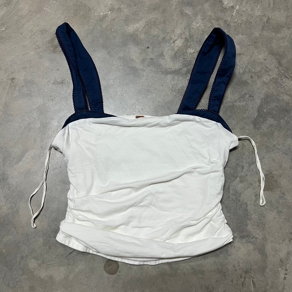 Free People OB1964740 Ruched Tank Top White Navy Blue Small